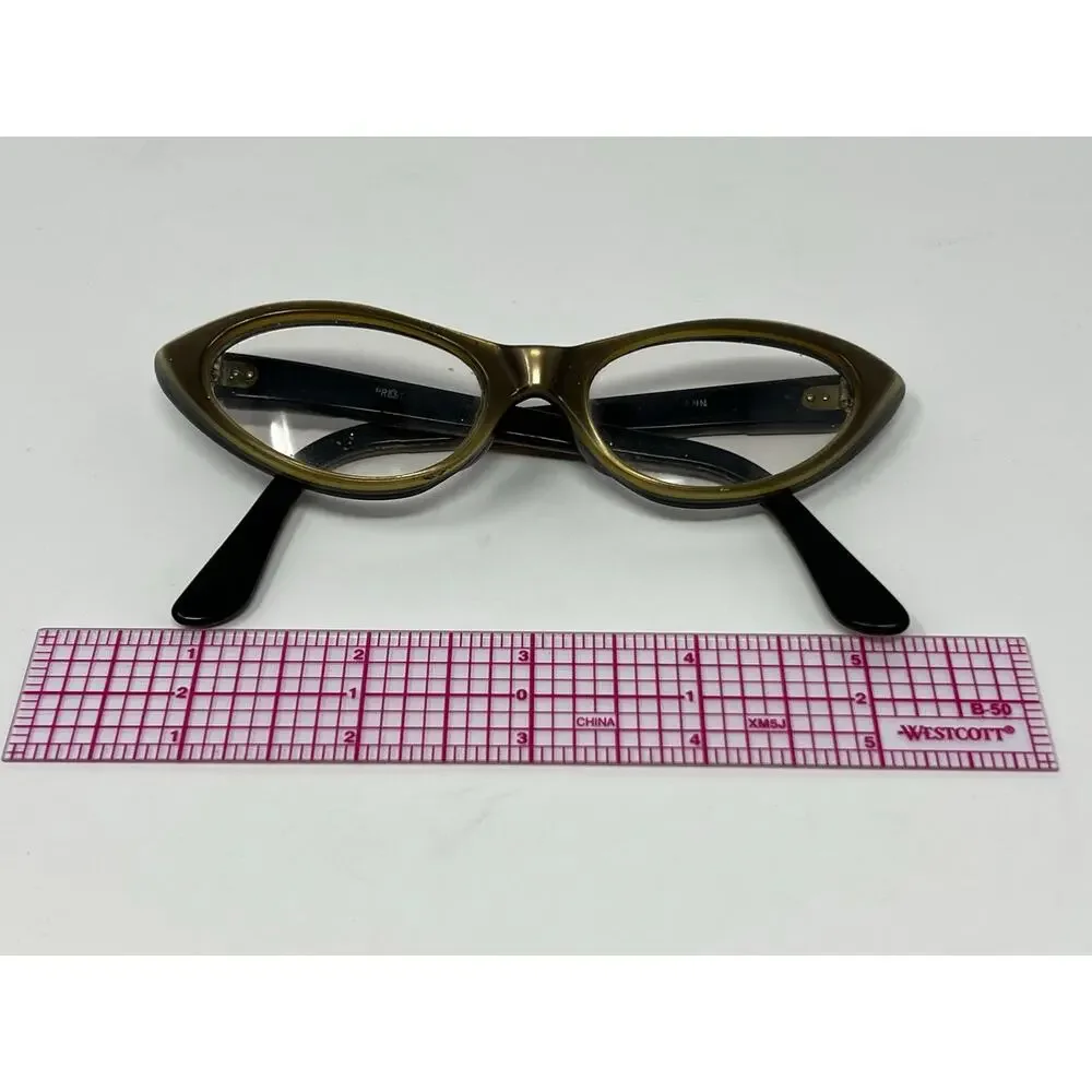 Vintage Prestige Ann Cat Eye Glasses Frame 46-19 Two Tone Bronze Black 50s 60s